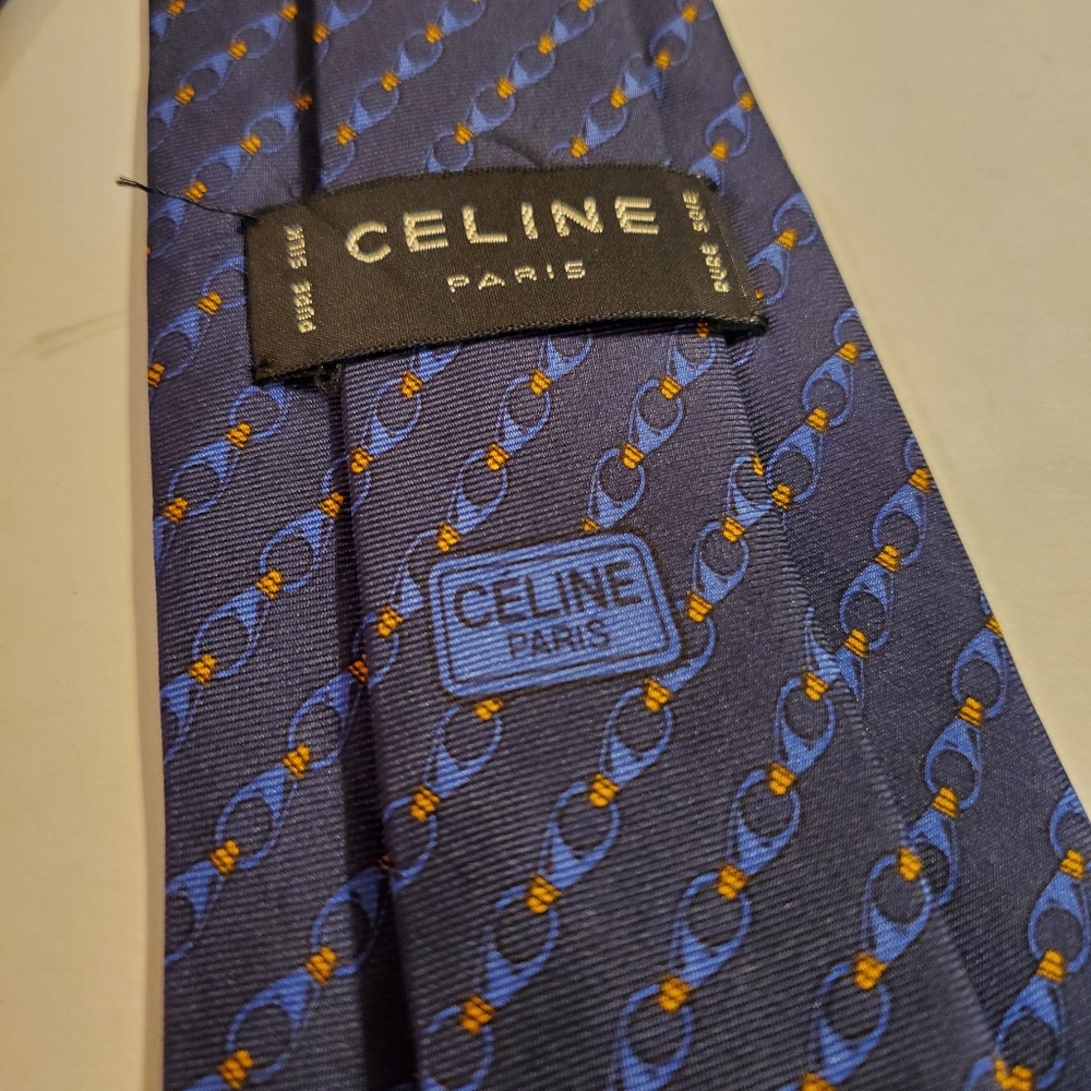 Celine Paris Necktie Blue Geometric Pattern Silk Neck Tie - Picture 3 of 6
